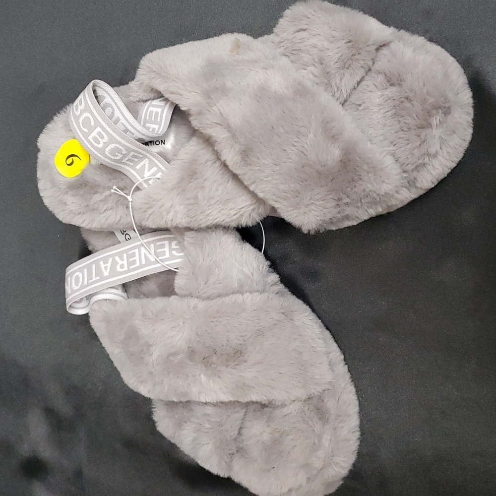 BCBGeneration Gray Faux Fur Criss-Cross, Heel Strap Slippers